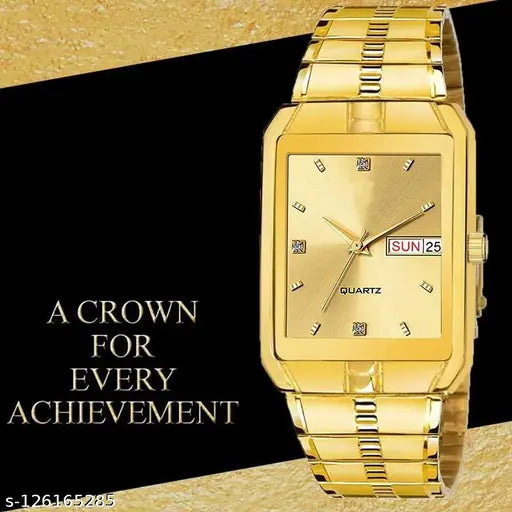A crown for achievement, gold watch with square dial, quartz movement, date display, and water resistance
