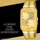 A crown for achievement, gold watch with square dial, quartz movement, date display, and water resistance