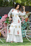 Women's Vrindavan embroidered kurta and sharara set, white with red borders, hand-embroidered