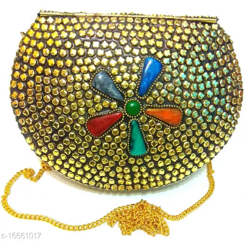 Blue, red and yellow bead clutch with round floral embellishment