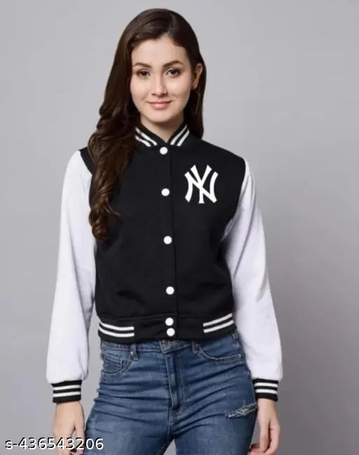 Black fleece varsity bomber jacket with NY patch, long sleeves, solid design, size N, for women/girls. (India)