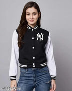 Black fleece varsity bomber jacket with NY patch, long sleeves, solid design, size N, for women/girls. (India)