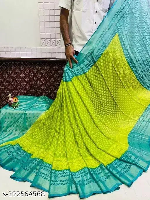 Yellow chiffon tilak brasso print saree