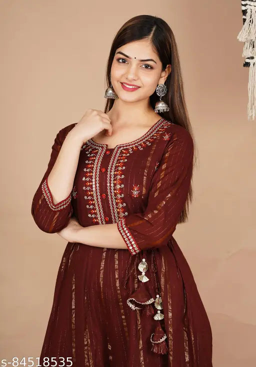 Maroon embroidered cotton blend anarkali kurta with gotta lace border - Indian traditional women's fashion for functions, festivals, parties, and weddings
