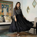 XL rayon leheriya print anarkali gown for women, traditional Indian outfit with three-quarter sleeves