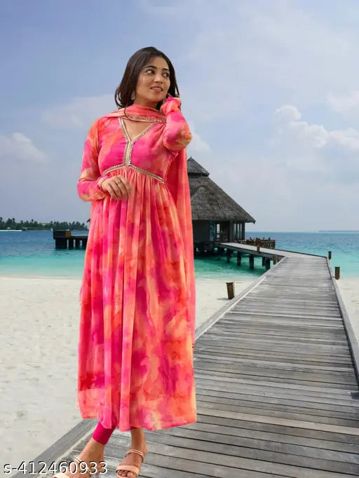 Dyed/washed Georgette Alia Cut Gown, long sleeves, Indian traditional dress for women