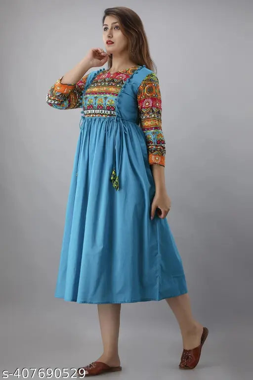 Blue rayon anarkali kurti, solid patterned traditional Indian summer wear for women