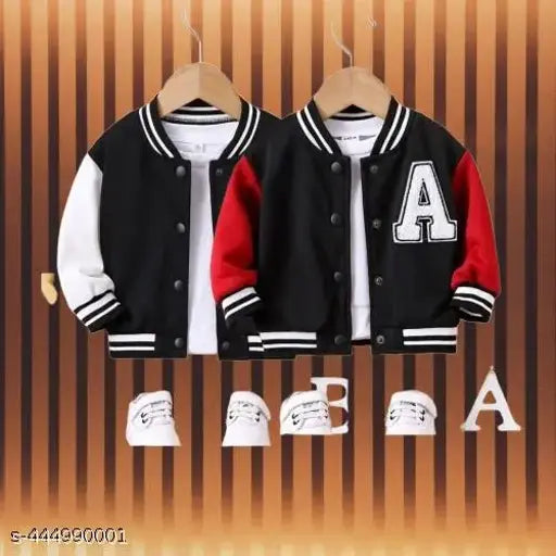 Trendy kids combo, black varsity jacket with red and white lettering, unisex kids fashion