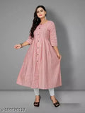 Cotton three-quarter sleeve women's striped kurti, checked pattern, single sizes from XXS to XXXL. Made in India