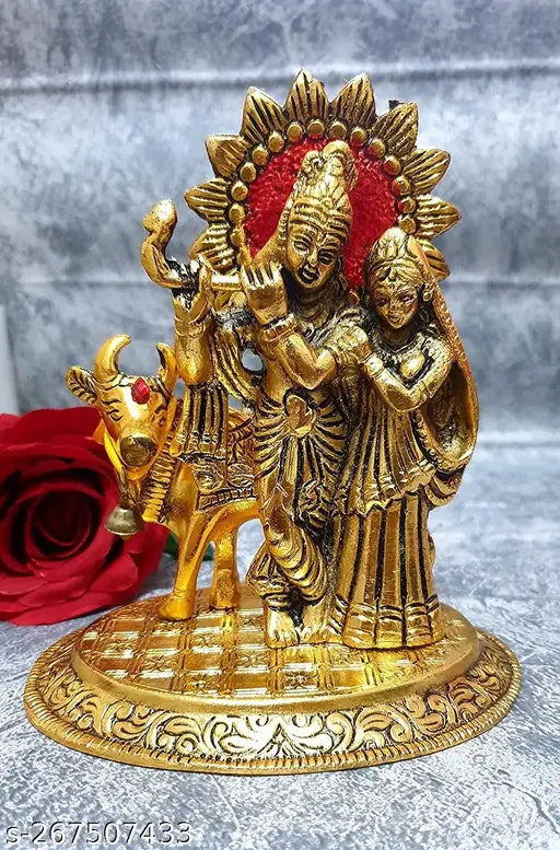 Metal Radha Krishna Cow figurine, playing flute, 14cm x 11cm x 16.5cm, Indian temple decoration gift item