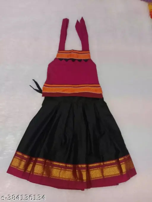 Khan black and pink ethnic wear lehenga choli, cotton blend with aari work stitch, sleeveless. Size options: 6-9M, 9-12M, 12-18M, 18-24M