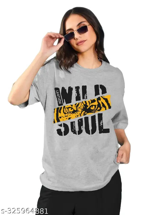 Black and yellow printed round neck oversized T-shirt for women