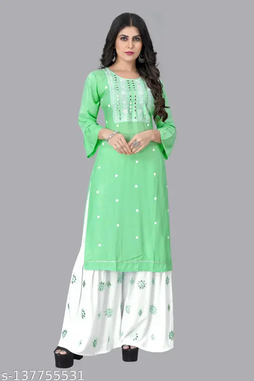 Mint green cotton embroidered kurta with sharara set