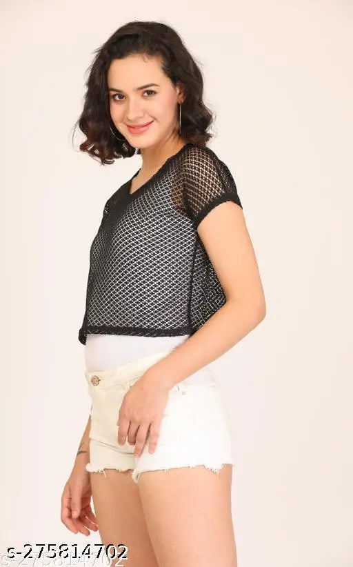 Solid net cotton KG NET-CROP-T-SHIRT, short sleeves, size S for bust 32 inches, made in India
