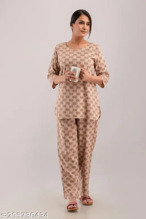 Women's floral printed rayon top & pyjama cord night suit set, rayon fabric with sweetheart neck & 3/4 sleeves, fashionable & trendy sleepwear in India