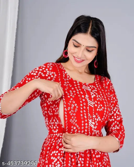 Red and white patterned kurta, front closure