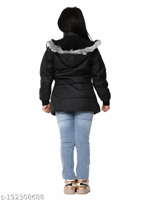 Modern girls jacket, black hoodie with fur lining, denim jeans