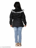 Modern girls jacket, black hoodie with fur lining, denim jeans