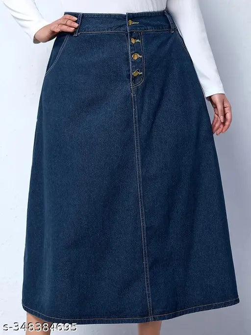 Navy Blue Plus Size Buttoned A-Line Maxi Denim Skirt, lightweight & breathable for all body types. Home washable with exclusive self designs and durable materials. Perfect fit denim maxi skirt for women. Made in India (Sizes: 26-46)