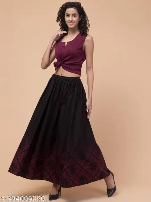 Black cotton flared digital print long skirt with elastic closure - timeless elegance for women, size 26 or 32, made in India