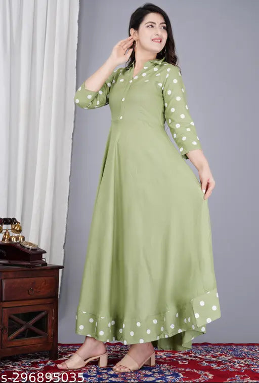 Rayon full-flared anarkali gown for women, stylish print combo with three-quarter sleeves