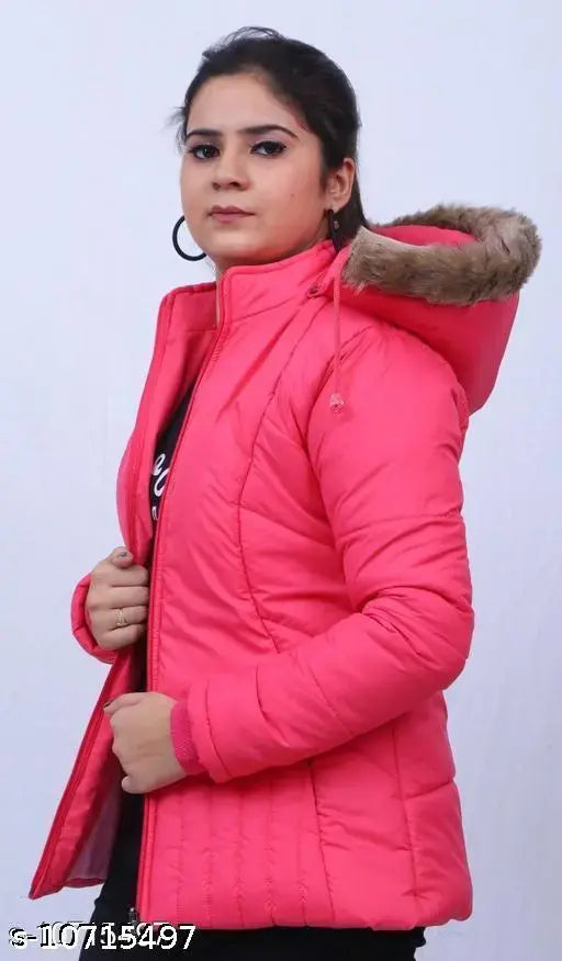 Women's winter padded jacket with faux fur hood, polyester, size M (bust 40in, length 26in), India