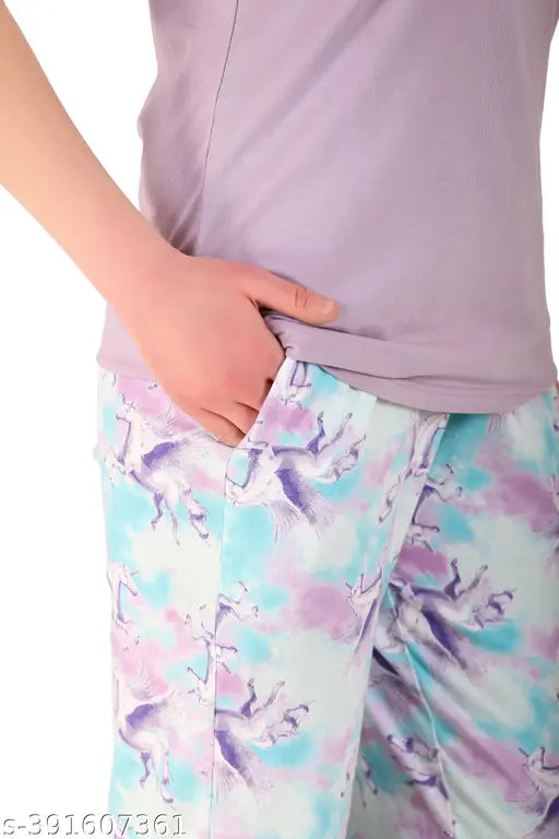 Printed cotton night suit, denim art pyjamas with short sleeves, hosiery fabric for breathable comfort, women's loose-fitting nightwear