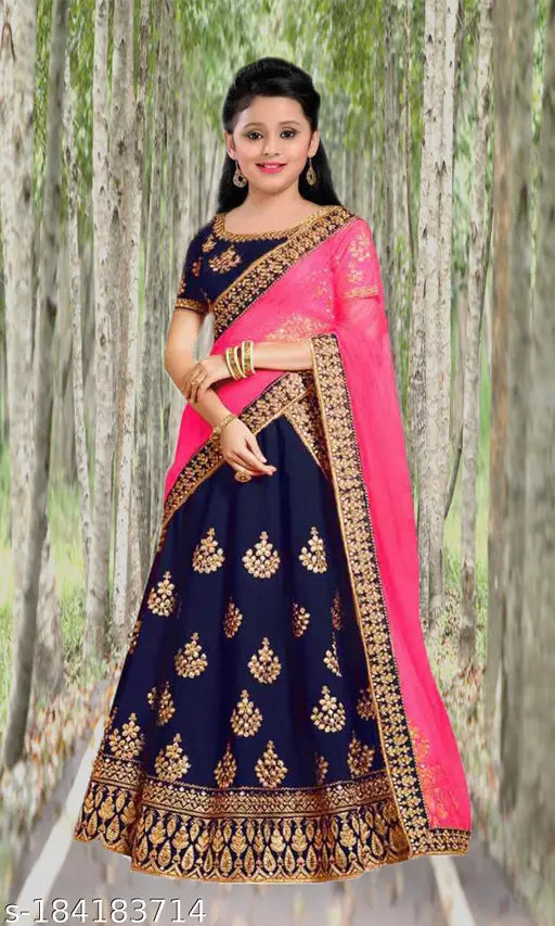 kids taffeta silk embroidered lehenga choli set with net dupatta, short sleeves, 2-14 years, Indian designer clothing