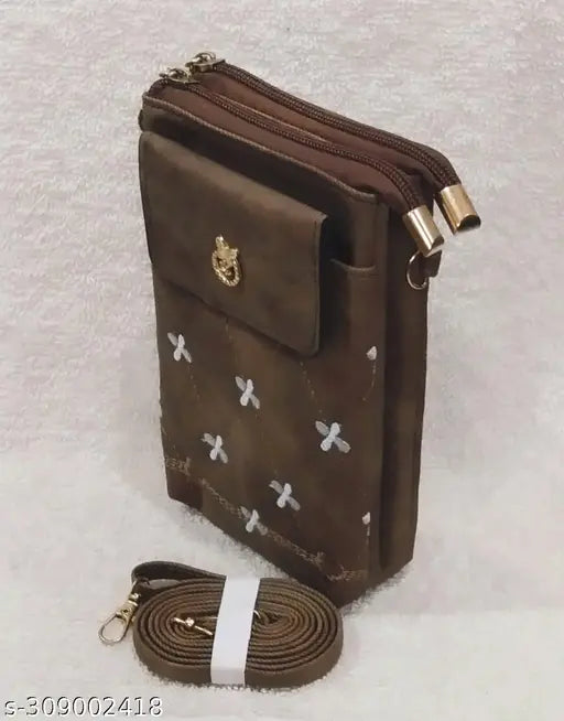 Crossbody sling bag with double cain hand clasp, cell phone holder, front design variations