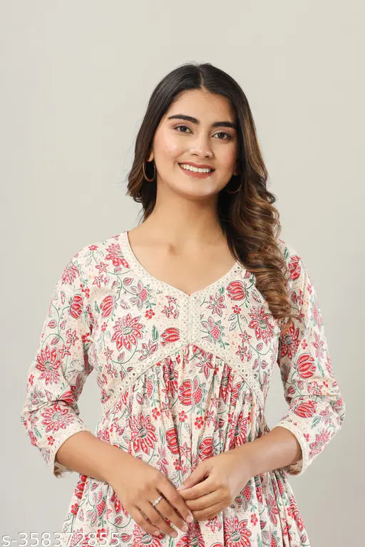 Rayon printed Alia cut anarkali short kurti for women, three-quarter sleeves, vibrant Indian fashion on mannequin