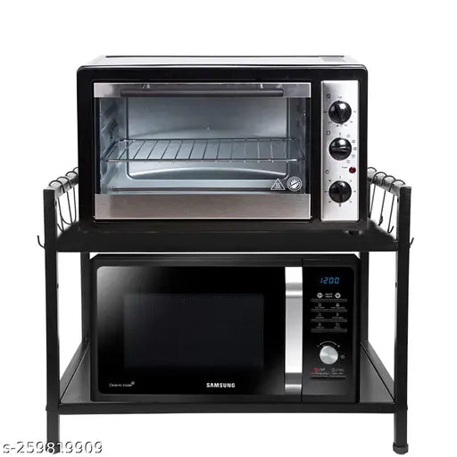 Two-tier microwave oven stand, stainless steel shelves and hooks, suitable for up to 30L or 50L ovens, modern kitchen appliance storage solution