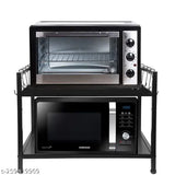 Two-tier microwave oven stand, stainless steel shelves and hooks, suitable for up to 30L or 50L ovens, modern kitchen appliance storage solution