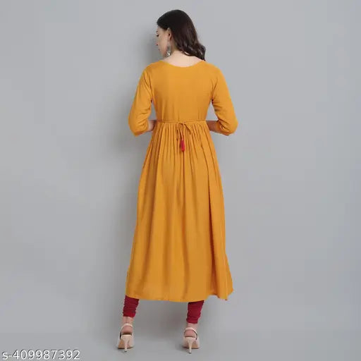 Rayon embroidered A-line kurta, three-quarter sleeves by fashion patti. Indian ethnic wear for women, size S & M