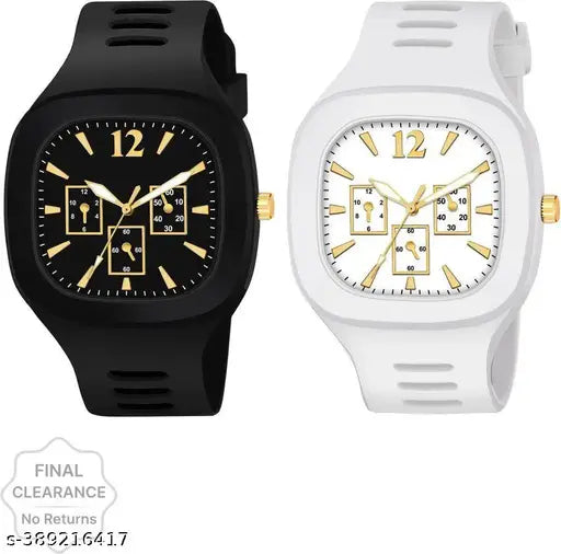 Black and white combo analog watch with two different straps, suitable for both girls and boys