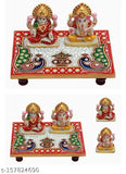 Handmade designer marble Chowki with Ganesh and Lakshmi Ji idol, multicolor, 6x4 inch, washable, made in India