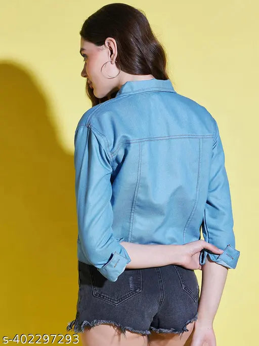Light Blue Solid Denim Jacket, three-quarter sleeves, regular fit for women, denim fabric