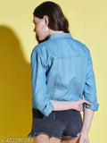 Light Blue Solid Denim Jacket, three-quarter sleeves, regular fit for women, denim fabric