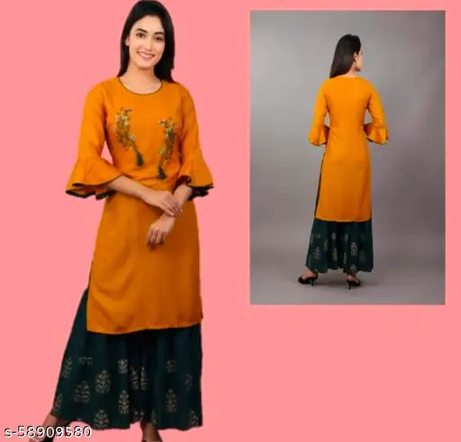 Demirner women's rayon kurta sharara ethnic set