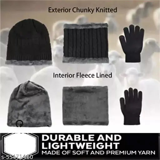 Black textured woolen beanie cap set with neck warmer and gloves (India-made, winter essential for men, women, and children)