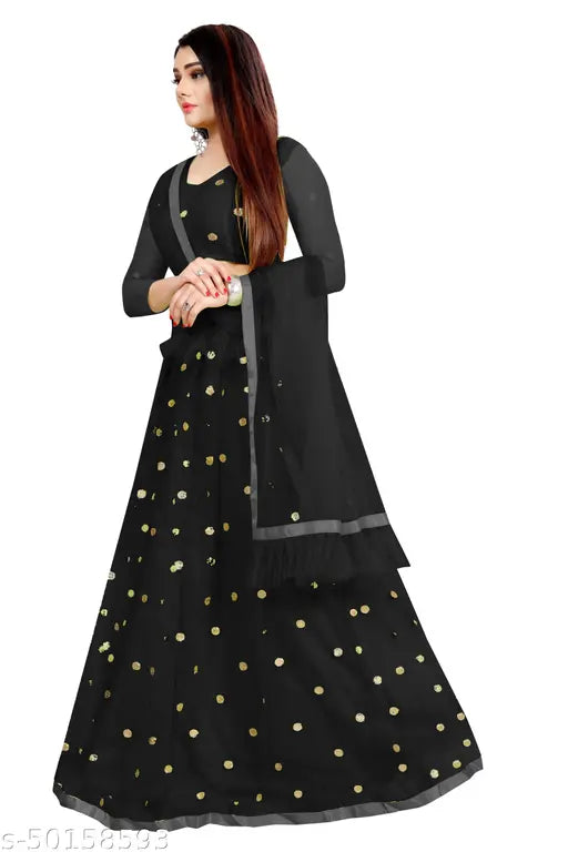 Embellished satin-net lehenga set in free size with solid dupatta, Indian bridal wear on display