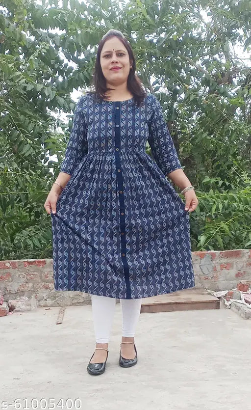 Stylish cotton kurti, Katha print, three-quarter sleeves, below knee length, S-36, M-38, L-40, XL-42, 2XL-44, 3XL-46, 4XL-48, 5XL-50 - Indian apparel