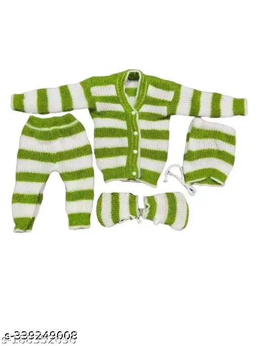 Woolen striped baby set: sweater, pajamas, cap, booties – 4 pcs winter wear for 0-3 months, made in India
