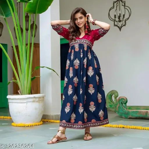 Polka print rayon gold Buta Anarkali kurti, trendy and stylish for women's ethnic wear party gown. Single size options available: XS, S, M, L, XL, XXL, XXXL, 4XL, 5XL, 6XL, 7XL. Hand wash with salt water or gentle machine wash