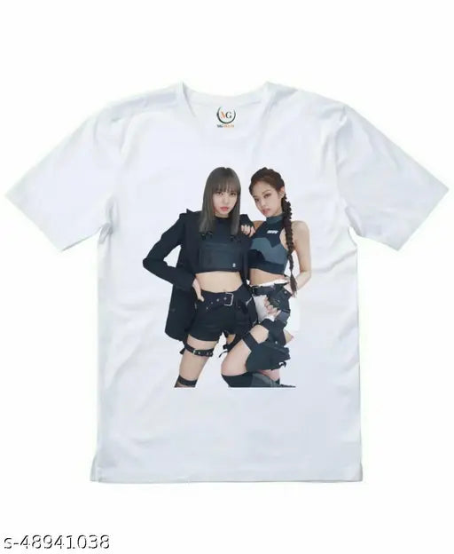 Black and white K-pop fan art cotton t-shirt with "mg brand Blackpink" print, short sleeves