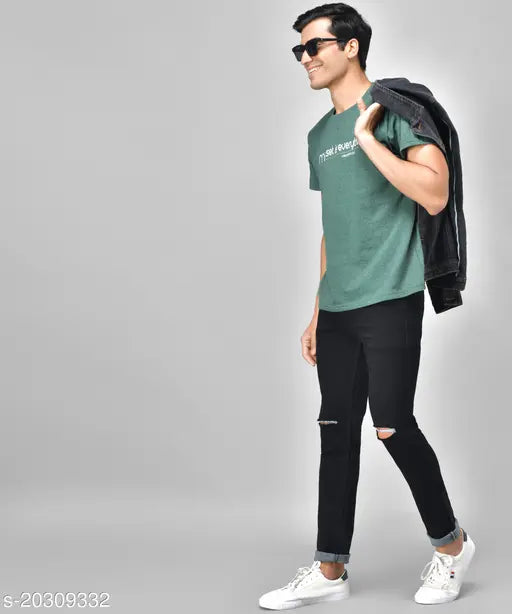 Black denim men's slim fit knee-cut jeans, size 30 (28in waist x 43in length), made in India