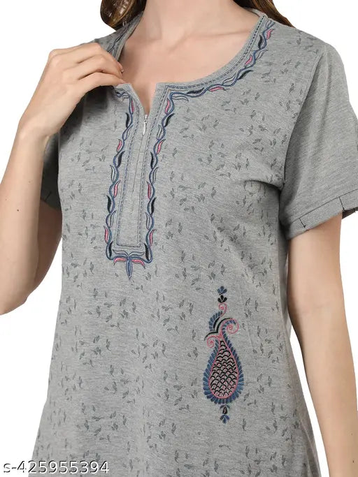 Duchess women's embroidered long cotton nightsuit set with short sleeves & pockets, soft & comfortable for day or night wear, Indian origin