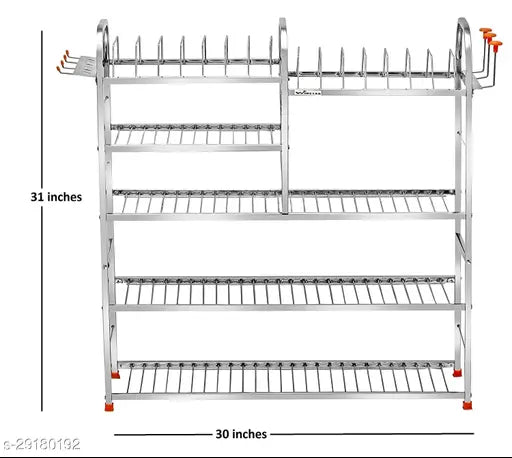 Stainless steel five-shelf wall-mount kitchen rack, with 31 x 30 inch dimensions and a bartan stand design