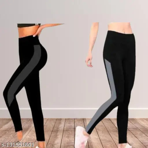 Stretchable striped jeggings for women's active wear, ankle length FITZIK zym wear leggings. Solid net pattern, ribbed bottom. Available in sizes 28-36 inches, pack of 2