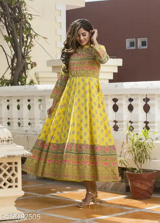 Yellow rayon slub flared printed kurti, three-quarter sleeves, Indian women's fashion