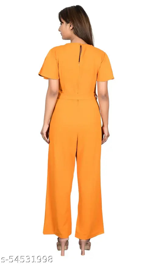 Mustard polyester jumpsuit for ladies, comfortable fit, straight hemline, casual full length